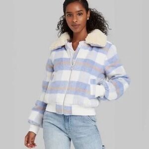 Wild fable pastel plaid bomber jacket blue sherpa collar medium